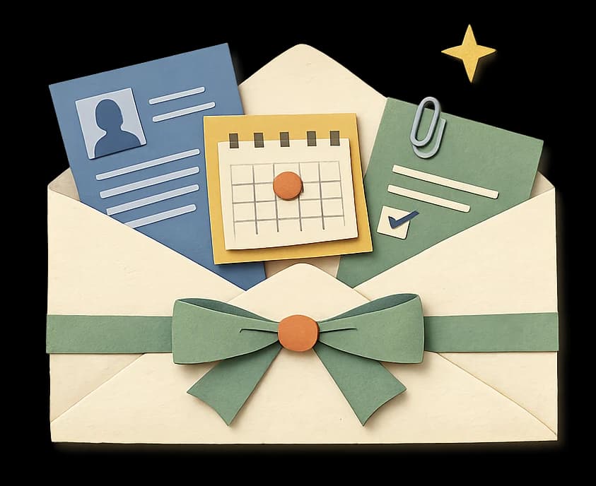 An opened envelope tied with a ribbon, holding a resume, a calendar and a checklist